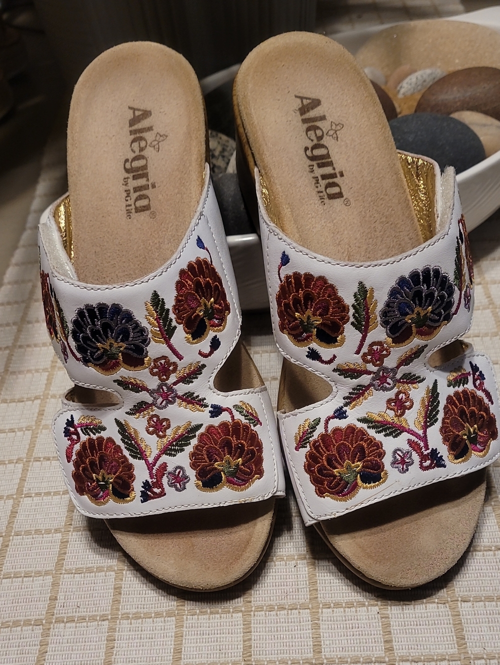 Alegria White Embroidered Floral Slide Mules